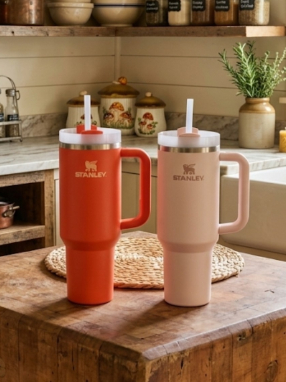 Set of 2 Stanley 40oz Insulated Stainless Steel Tumblers Handles Pink & Orange